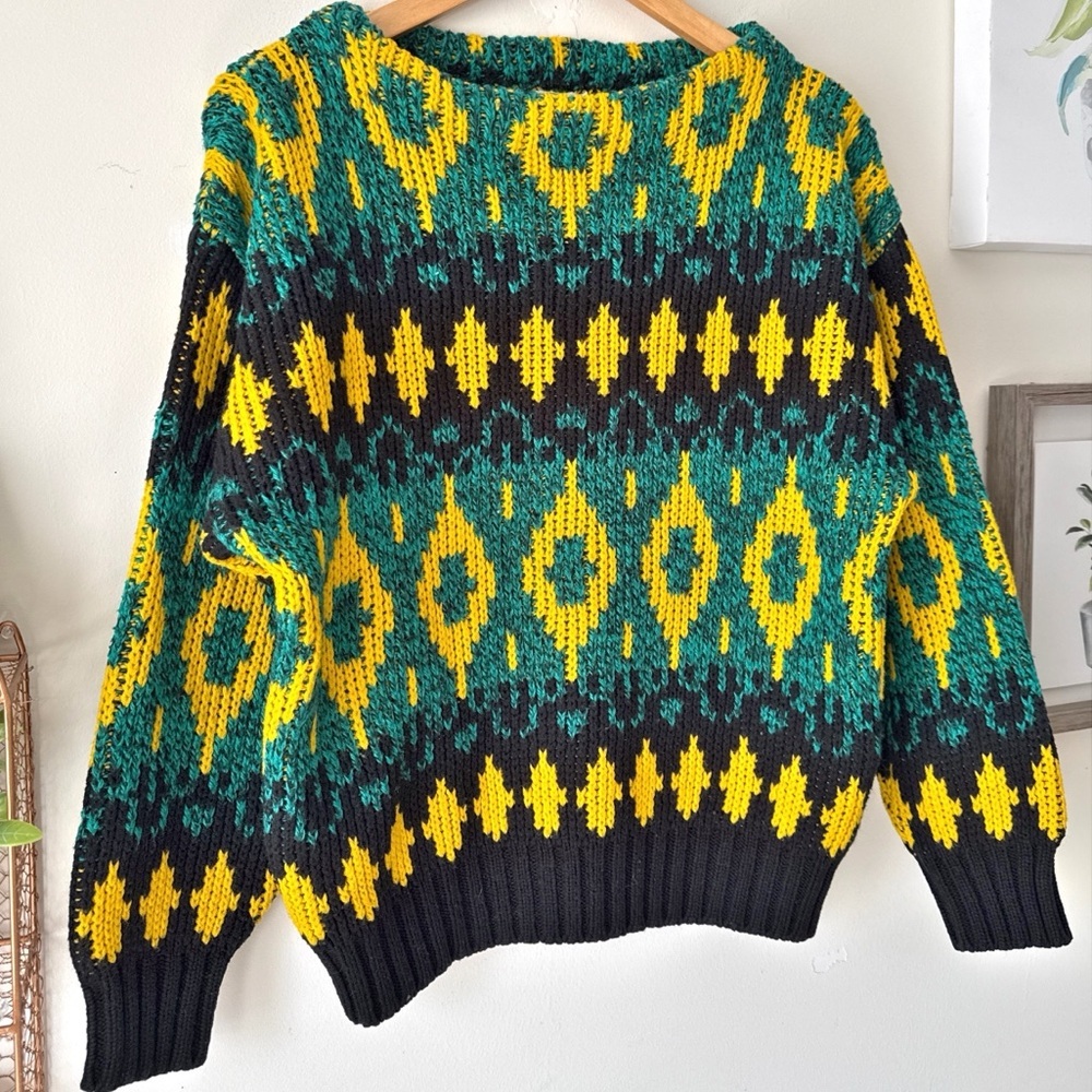 Vintage 80s 90s Grandpa Sweater Chunky Knit Oversized Pullover Colorful Size M - Picture 6 of 12